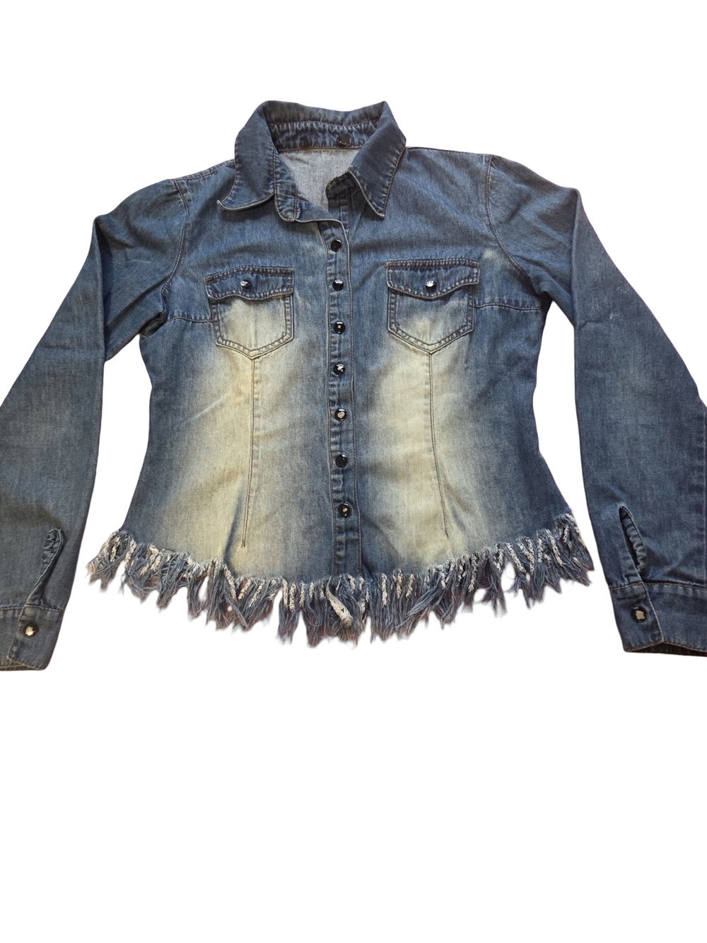 Denim Fringe Hem Button-Down Shirt Jacket - Blue